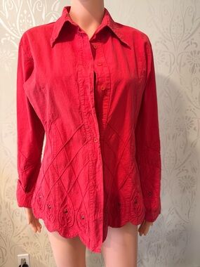 Scully Red Embroidered Hem Button-Down Shirt